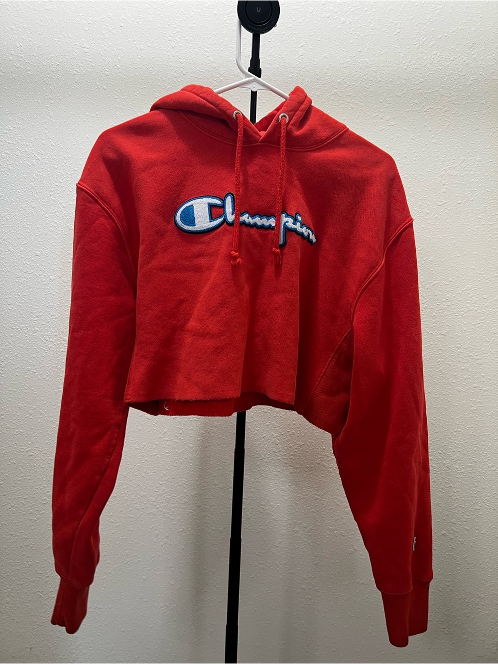Champion Red Cropped Sweatshirt Hoodie with Blue Logo